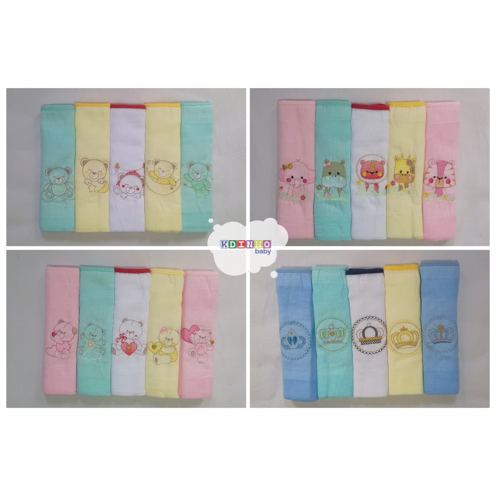 Kit de Fraldas de Pano Algodão Bordada 70x70 cm c/ 05 und Tecido Duplo RN Bebê Menino Menina