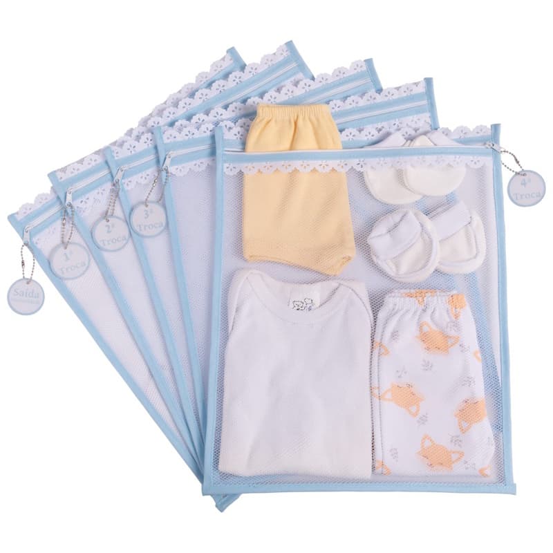 Kit c / 5 Saquinhos Maternidade (Azul bebê) Tule com TAG ACRÍLICA e ZÍPER Organizadores 30x35 cm
