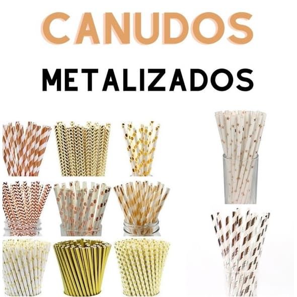 20 Canudos de Papel Listrados Metalizados / Desenhos Metalizados - Diversas Cores