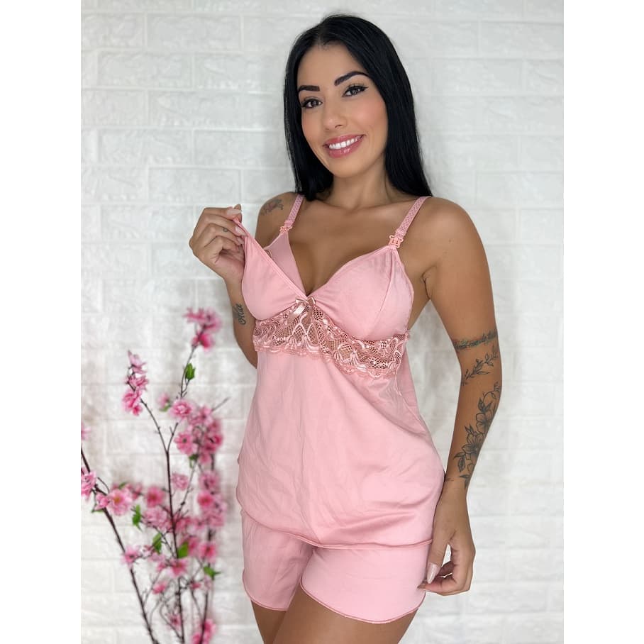 Short Doll Amamentação Confortável com Renda Pós-parto Gestante Maternidade Roupa de Dormir Baby Doll LIT MODAS 1702