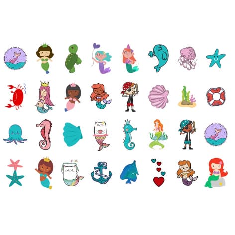 Tatuagem Temporária Infantil SEREIAS cartela com 32 tatuagens certificadas pelo INMETRO