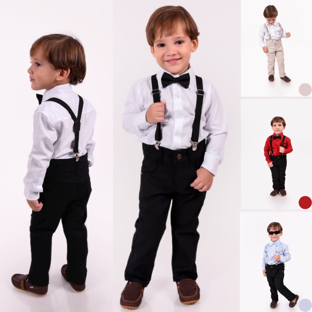 Roupa de batizado menino camisa social criança calça sarja suspensório e gravata borboleta festa formatura premium