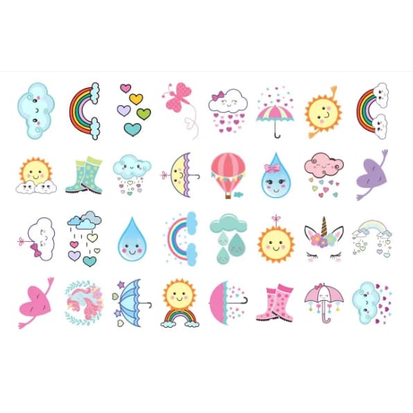 Tatuagem Temporária Infantil CHUVA DE AMOR cartela com 32 tatuagens certificadas pelo INMETRO