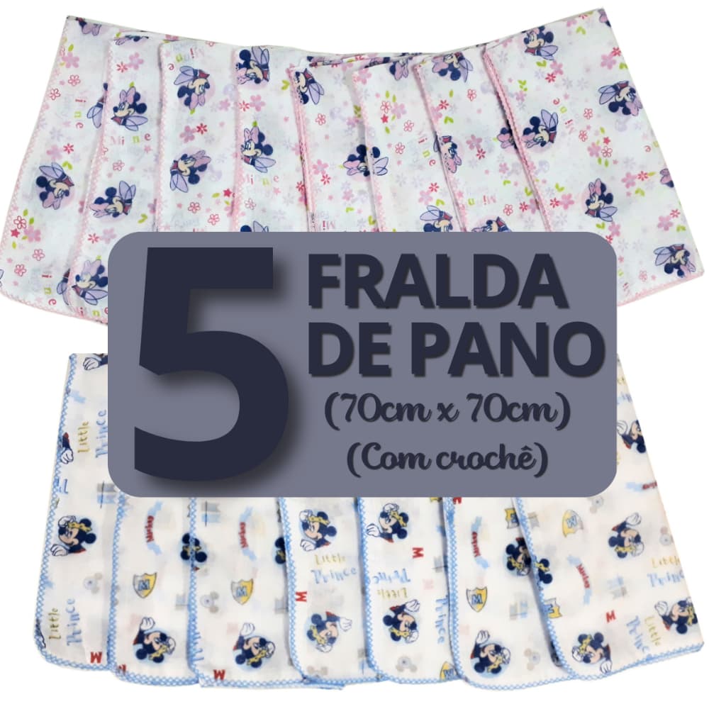 Kit 5 Peças Fralda De Pano Disney Luxo Grande 70x70cm - 100% Algodão Com Crochê Tecido Duplo