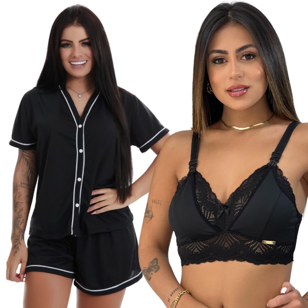 Pijama Curto Botão Amamentação + Sutiã Gestante Renda Glamour