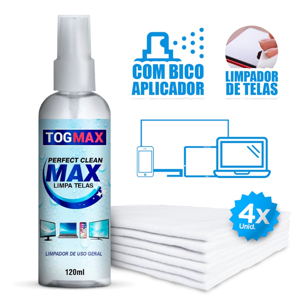 Limpa Telas Spray 120ml + 4 Flanelas Lente Câmeras Aplicação Película Notebook Monitores Celulares