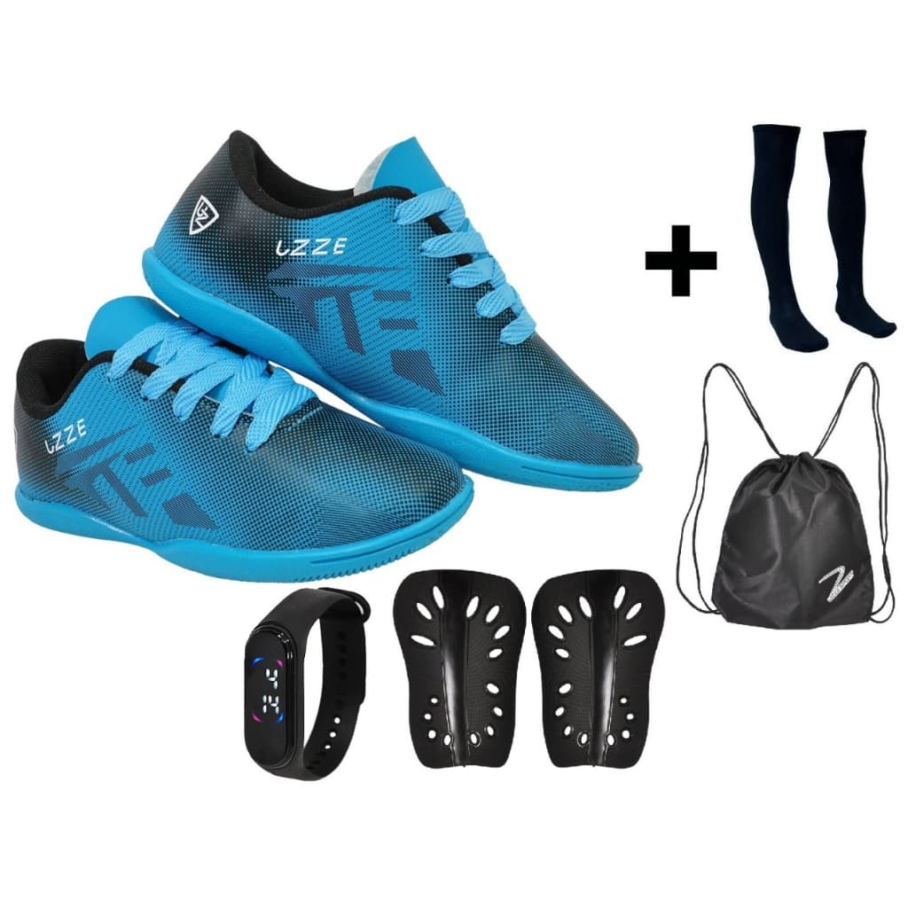 Chuteira Futsal Infantil  Nova UZ Quadra Salão + Meião Caneleira Mochila Relógio Digital