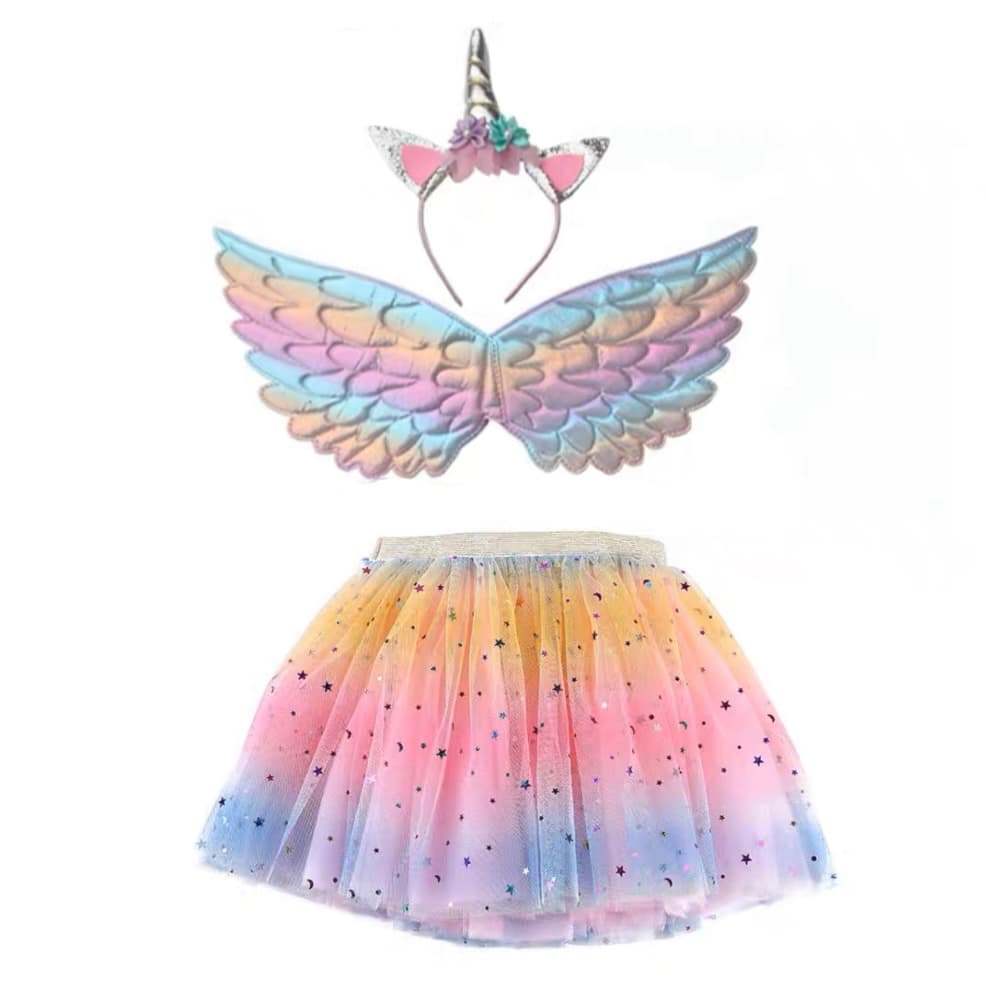 Kit 3 Fantasia Infantil Unicórnio Asa+Saia+Tiara Cosplay/Festa/Carnaval/Helloween/Aniversário/Casamento