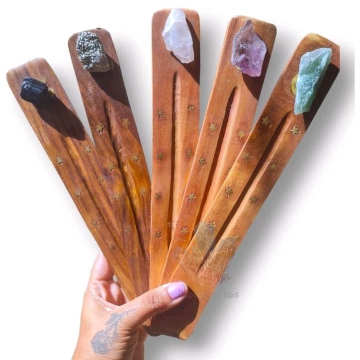 Incensario De Madeira/queimador De Incenso/ Porta Incenso De Regua Com Pedra Natural Cristal Natural
