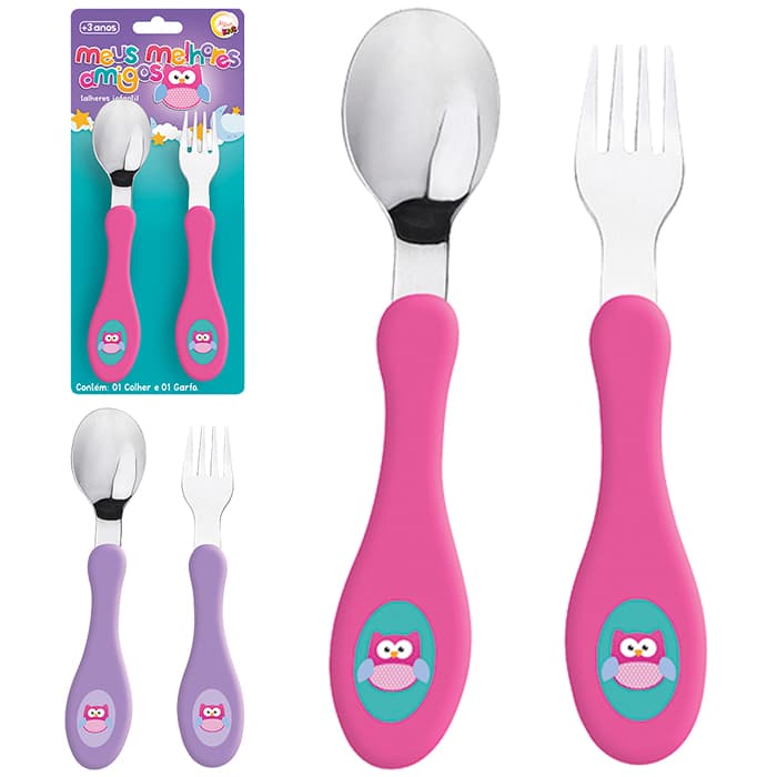 Conjunto de Talher Infantil Garfo Colher Inox para Alimentação Infantil Bebê Personagens Divertidos