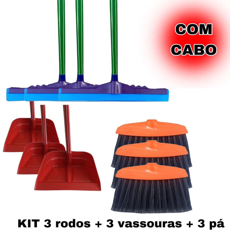 kit 3 vassouras 3 rodos 3 pá de lixo com cabo