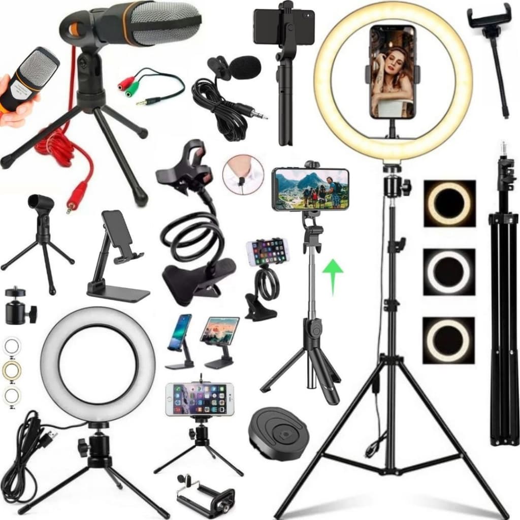 Kit Filmagem Celular Ring Light Tripé Bastão Microfone Acessórios 12pçs