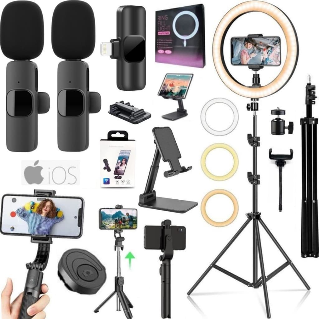 Kit Filmagem Ring Light Tripé Bastão Microfone Lapela Duplo Sem Fio Para iPhone