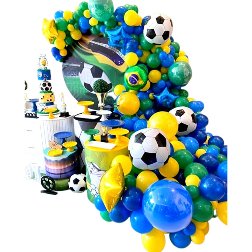 Kit Arco Balão Amarelo + Azul Escuro + Verde + Bola Copa Futebol