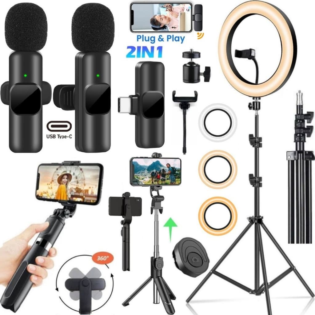 Kit Gravação Ring Lihgt Tripé Bastão Microfone Duplo Sem Fio Filmagem No Celular