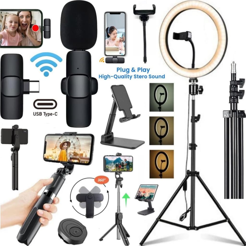 Kit Tripé Ring Light Luz Microfone Sem Fio Tipo-C Bastão Controle Gravação Video No Celular