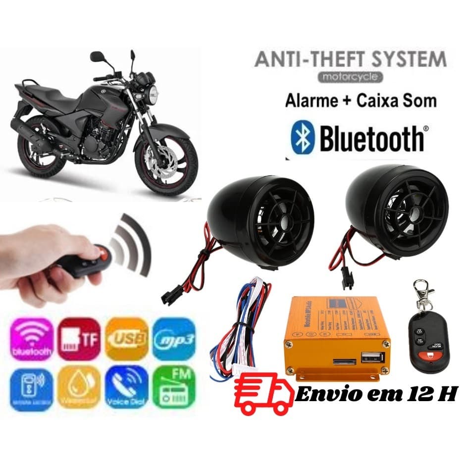 Caixa De Som para Moto Bluetooth Mp3 Fm Rádio SD Usb Aux e Alarme com Controle Remoto 20w potencia