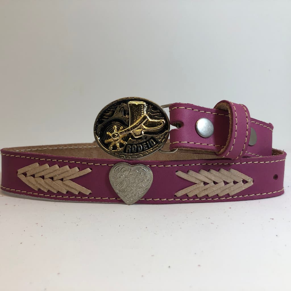 Cinto Country Infantil Feminino Rosa Couro Legítimo C/ Fivela Removível, Apliques e Flechas