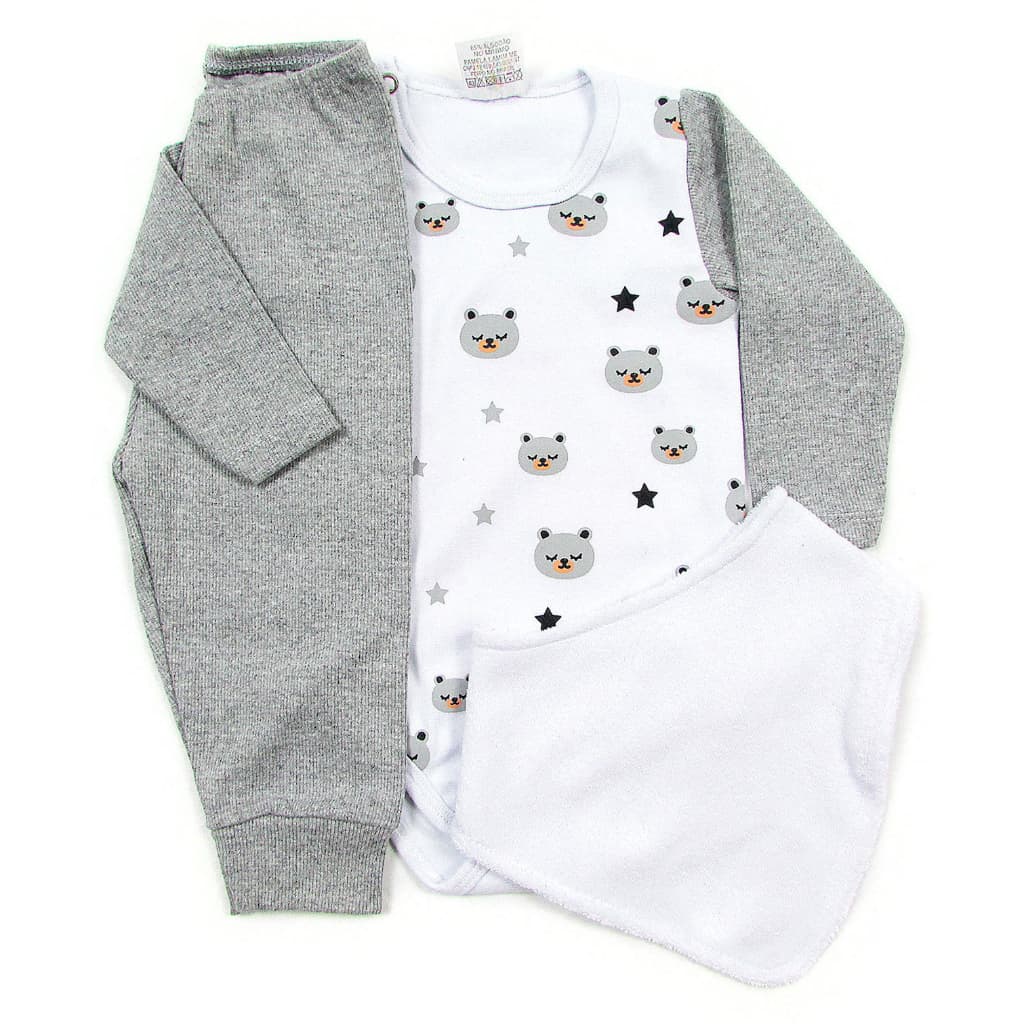 Kit Roupa De Bebe 3 Peças Body Manga Longa Babador E Mijão Algodão Conjunto Bebê