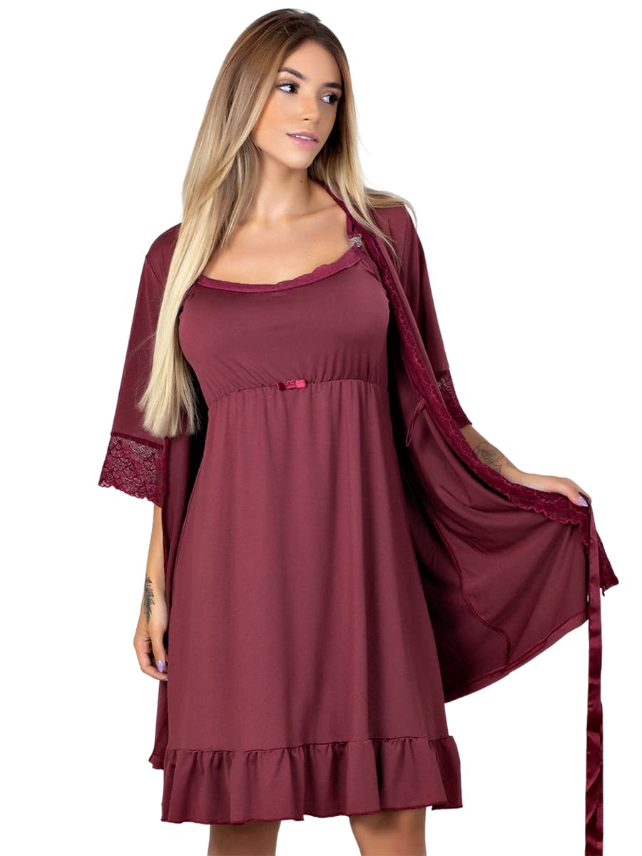 Conjunto Gestante Camisola Amamentação mais Robe Microfibra e Renda || 184.850