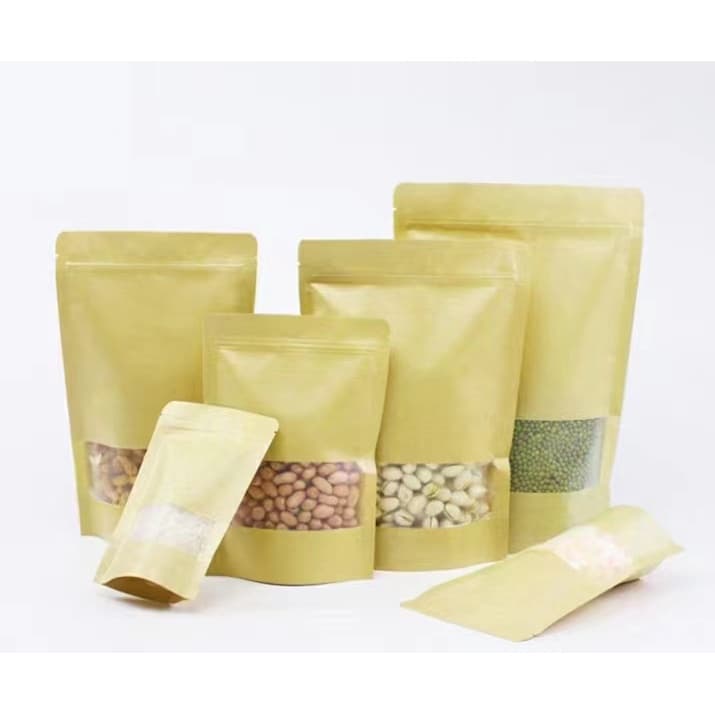 Kit 10 ou 20 Sacos de Papel com Visor Stand Up Pouch Zip Embalagens Atacado