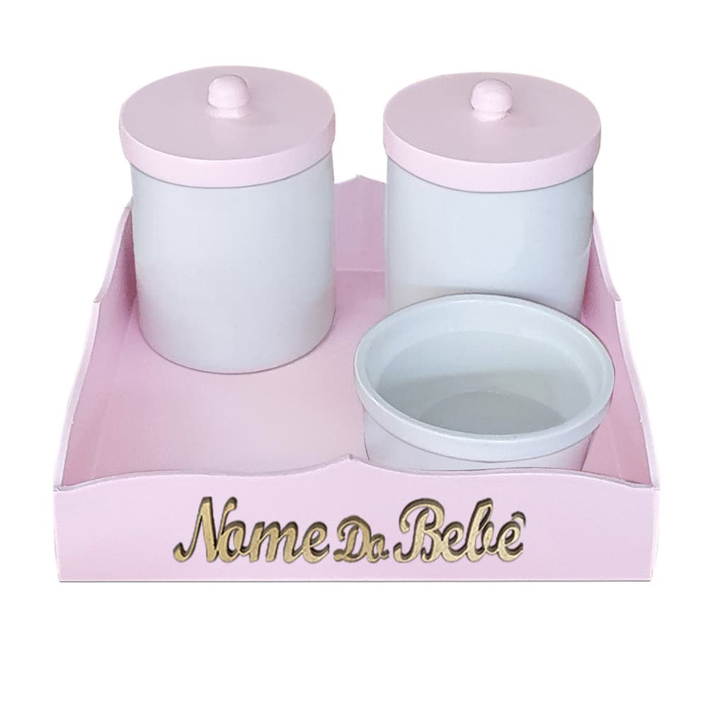 Kit higiene Bebe Porcelana Branca Menina Maternidade Potes e Bandeja na Cor Rosa