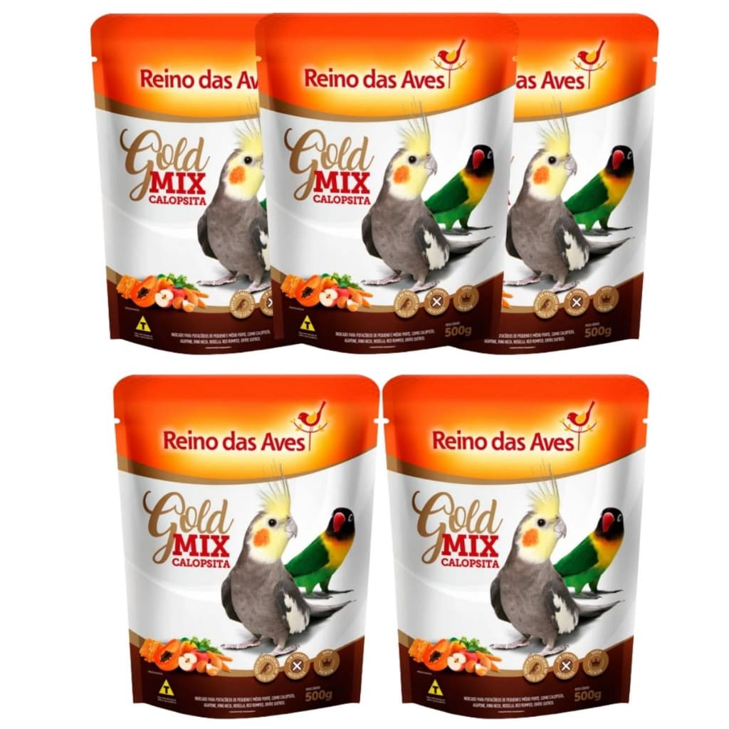 Kit Com 5 Calopsita Gold Mix Reino das Aves 500g Cada