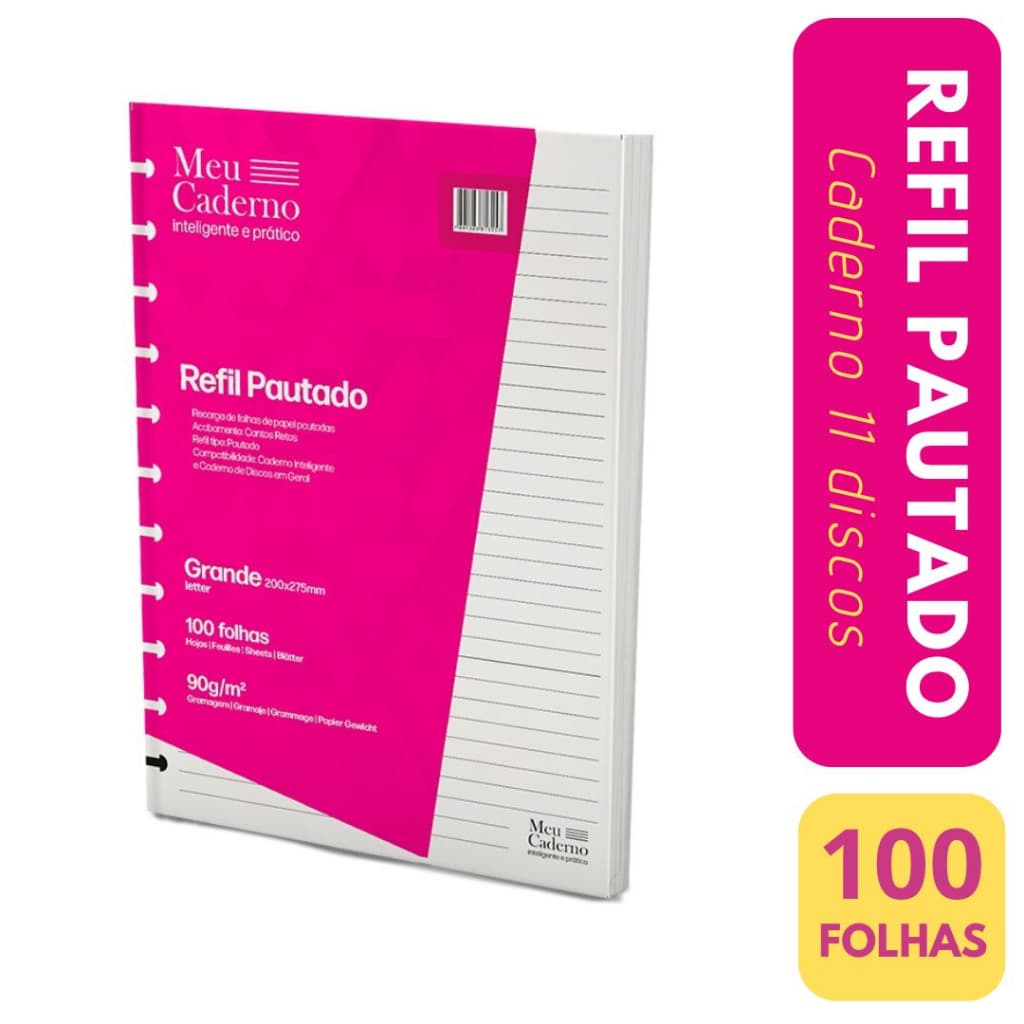 Refil Compativel Caderno 11 Discos Tipo Inteligente Grande 200x275mm 100fls