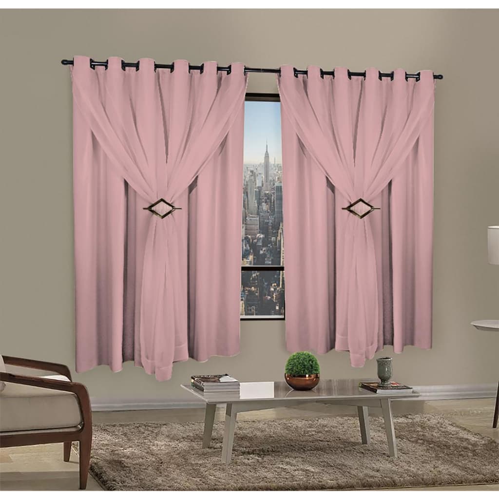 Cortina Corta Luz 2,00m X 1,80m 100% Blackout Com Voil Rosa Para Sala Ou Quarto Varão Simples