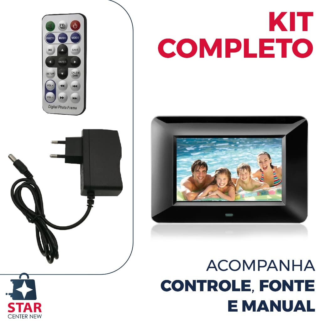 Porta Retrato Digital 7 Polegadas Lcd Relógio Som Vídeo Controle Remoto Mp3 Mp4 Sd Usb