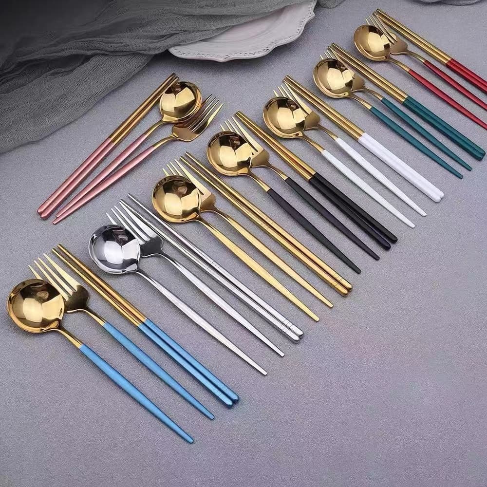 Talheres jogo de 3 peças com gafo, colher e hashi + estojo de viagem