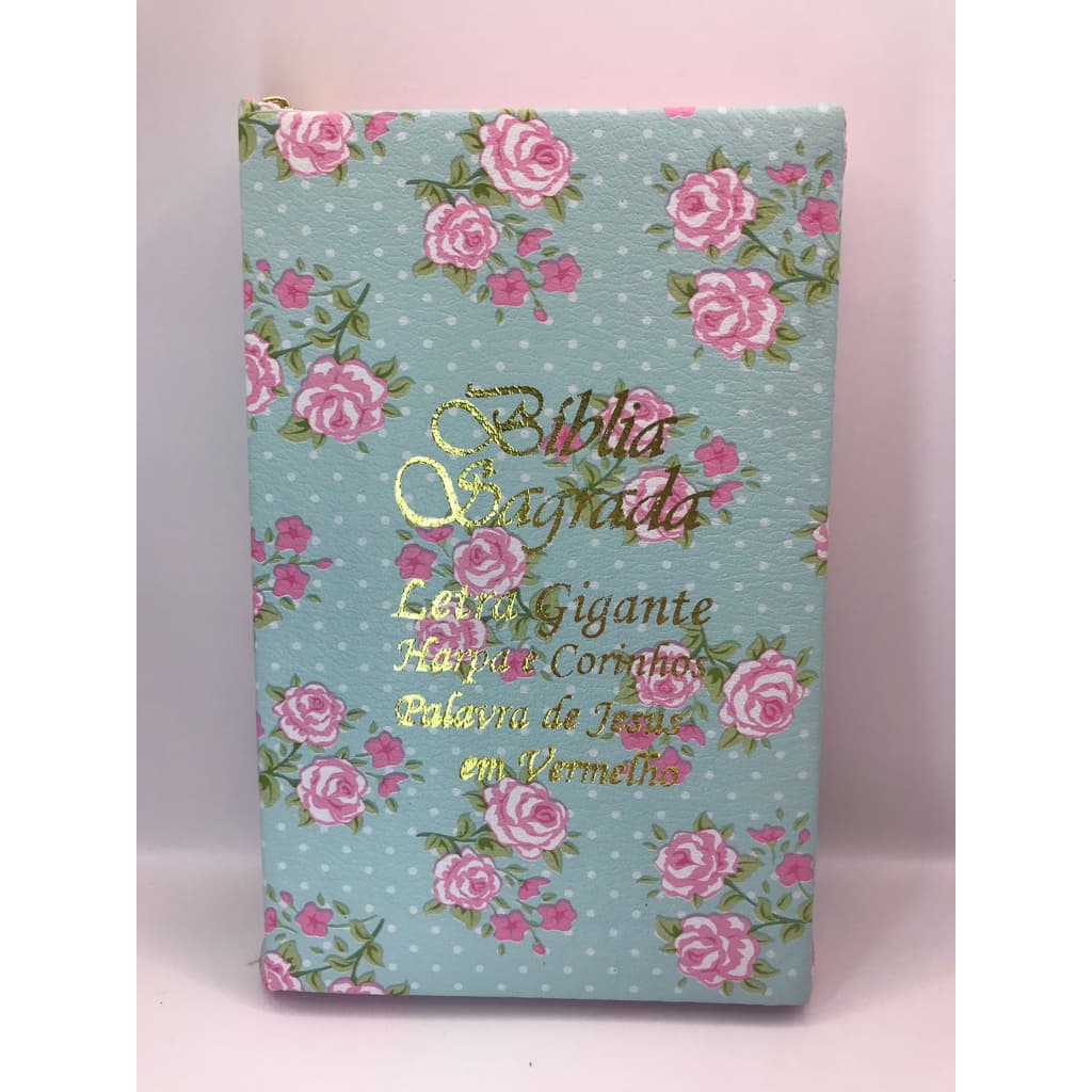 Bíblia Sagrada Tamanho Grande com Harpa Palavras de Jesus em Vermelho Zíper Capa Flor Verde