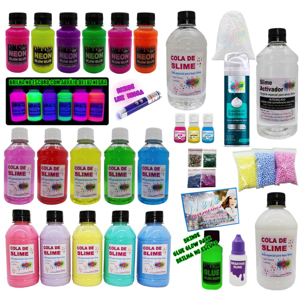 Kit Super Completo Para Fazer Slime Colas Neon  Coloridas e clear