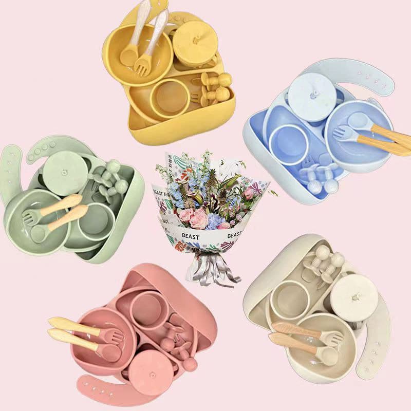 Talheres do Bebê Conjunto Prato De Jantar De Silicone Para Bebês Com Tigela De ventosa Sippy Cup Bibs Colher kit 5/12pcs