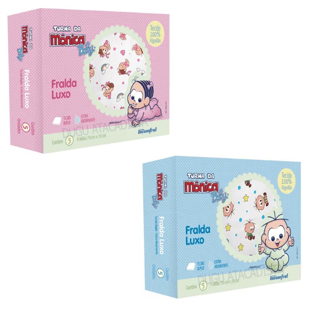 Fralda de Pano Bebê Luxo Turma da Monica 70x70cm - 5 Unidades Caixa Alta Absorção Grande