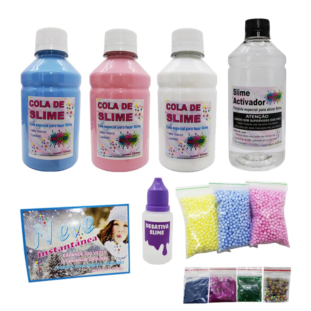 MINI KIT SLIME COM DESATIVADOR ATIVADOR COLA AZUL ROSA BRANCA E NEVE ARTIFICIAL