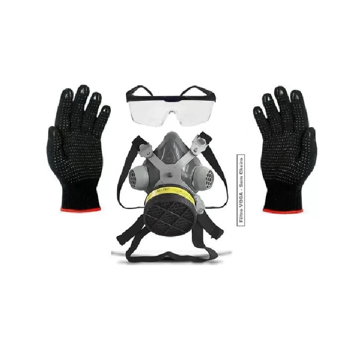 Combo Proteção Química Máscara Respirador com Filtros Voga  Óculos Proteção  Luva Pigmentada.