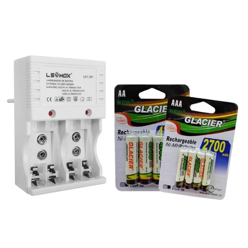 Kit Carregador + Pilhas Aa 4700mah, Pilhas Aaa 2700mah, Carregador de Bateria 9v, Pilha AAA Palito e AA Pequena