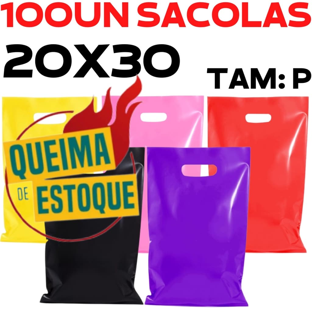 100UN Sacolas Plásticas 20x30 Alça Vazada Boca De Palhaço Pronta Entrega Várias Cores Tamanho P