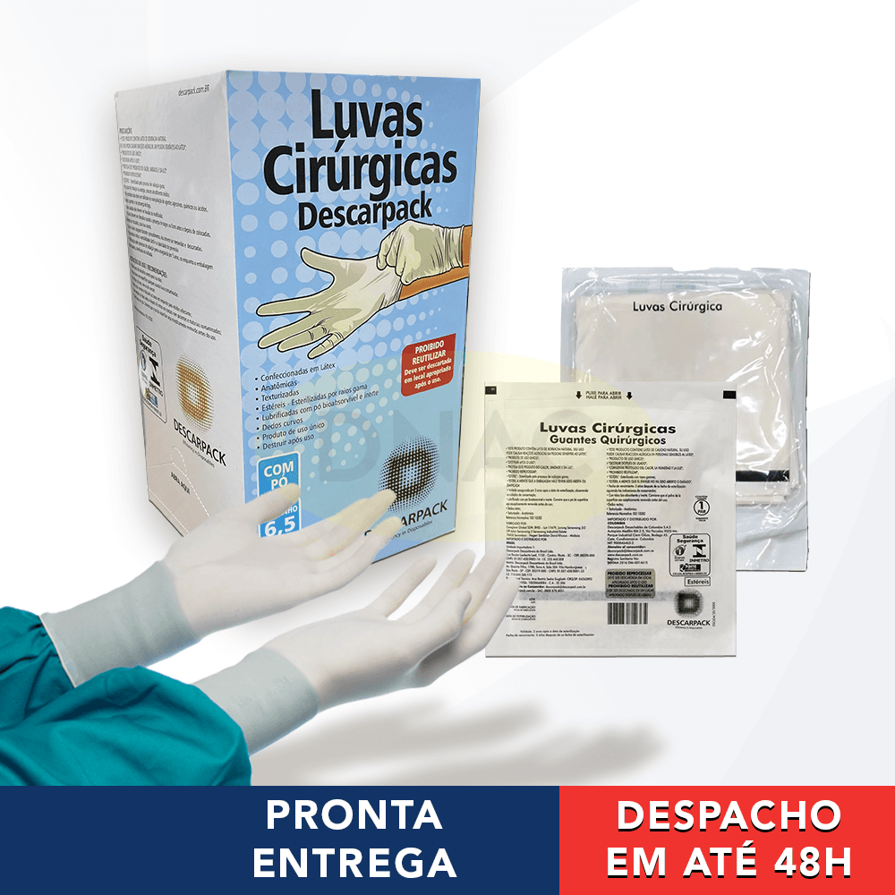 Caixa De Luva Cirúrgica Estéril Branca Descartável 6,5/ 7/ 7,5/ 8/ 8,5 Com 50 pares - Descarpack