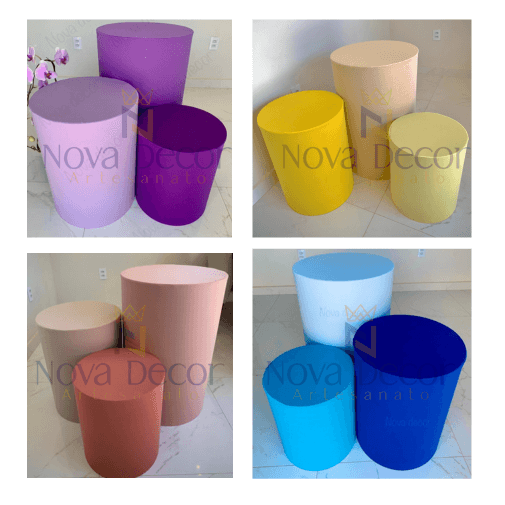 trio capas mesas cilindros 3 tons festa decoração