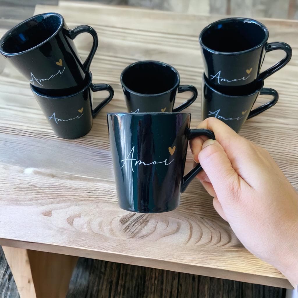 Kit Jogo 6 Xicaras Canecas Porcelana Café Chá  Decorada Preto Amor Spot