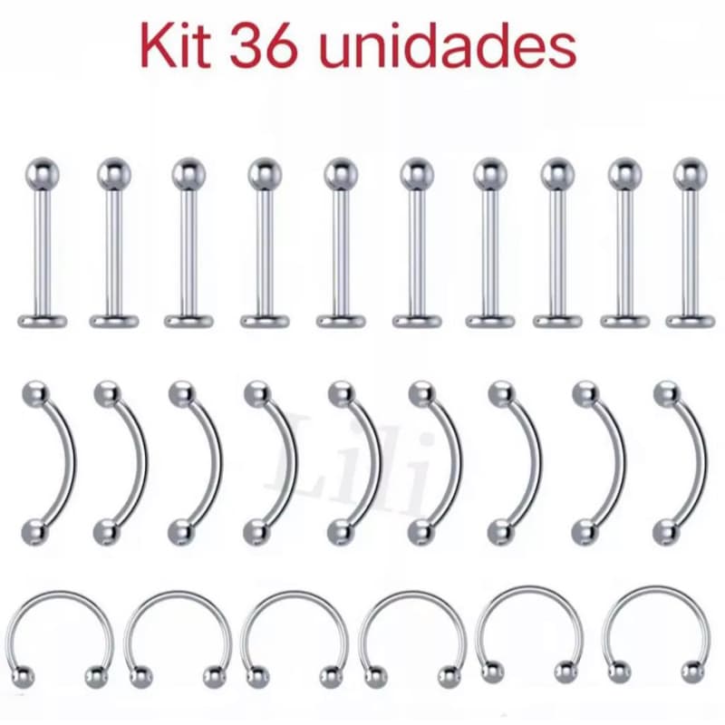 Kit 36  piercings com(3cartelas) juntos piercing furradura speto  labret microbell curvo em aço  cirúrgico