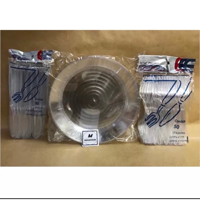 50 pratos acrílico refeição + 50 garfos  refeição + 50 facas refeição reforçados