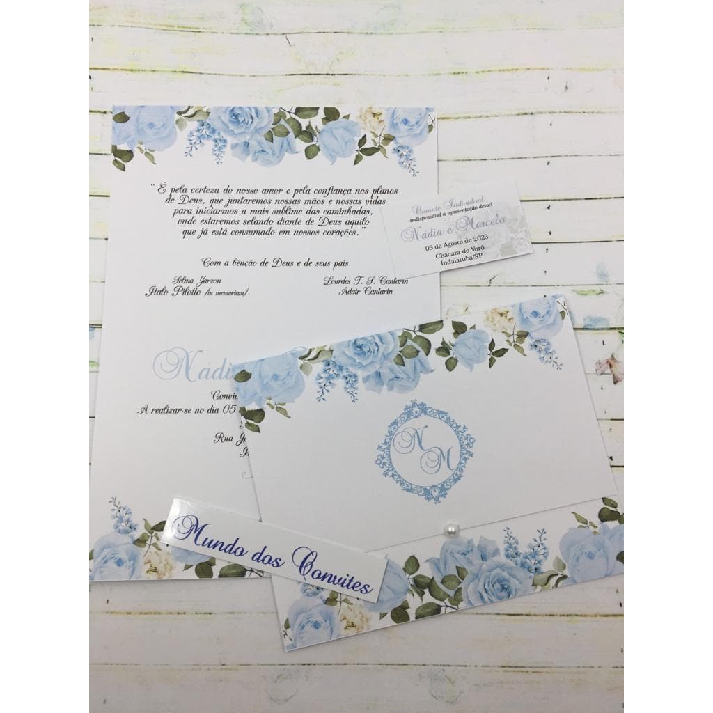 Convites de Casamento Floral Azul Serenity