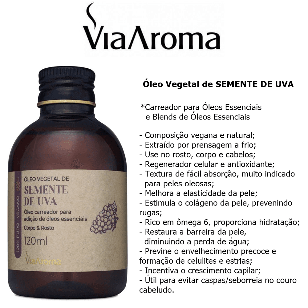 Óleo Vegetal Semente de Uva Puro e Natural Carreador Puro e Natural Via Aroma 120ml
