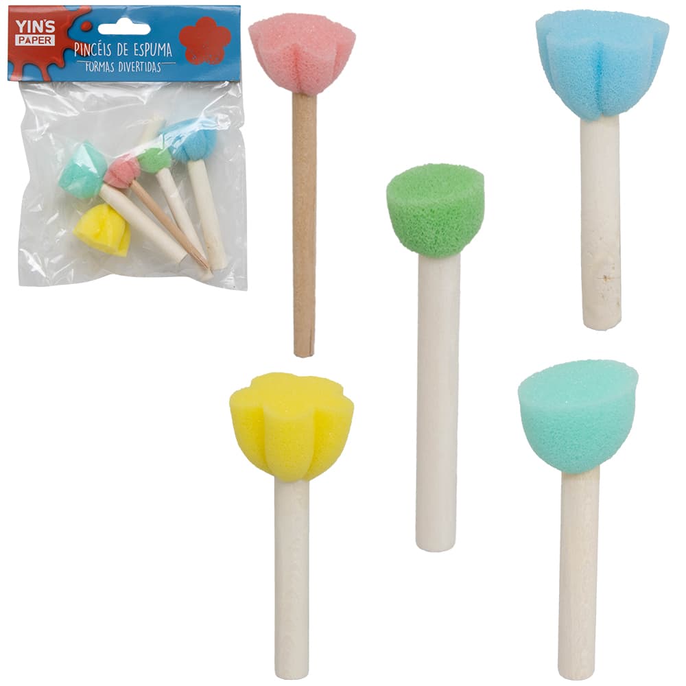 PINCEL DE ESPUMA FORMAS DIVERTIDS PARA PINTURA CABO MADEIRA YINS PAPER COM 5 PECAS