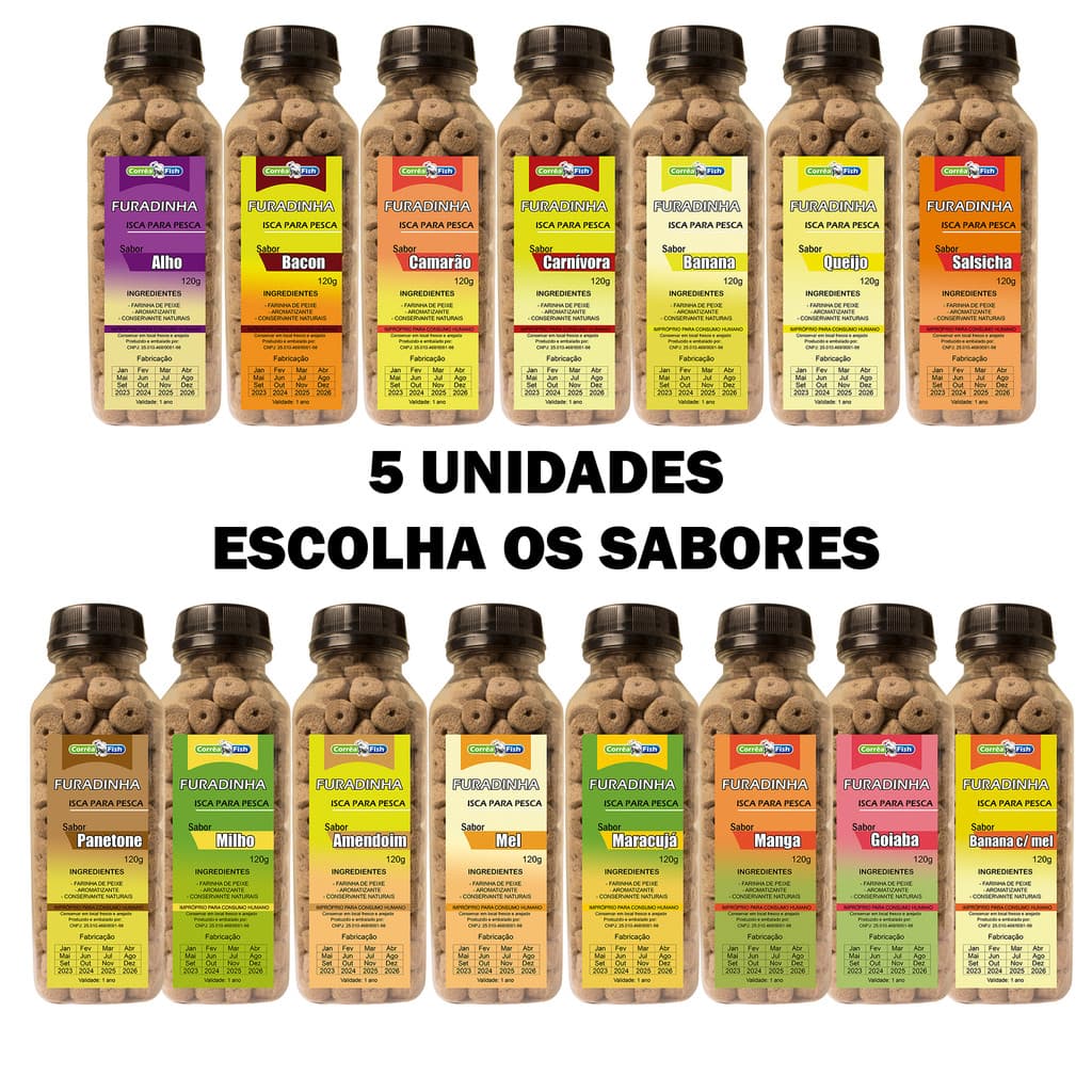 5 Ração Furadinha Acquamil Isca Para Pesca Com Essências 125g