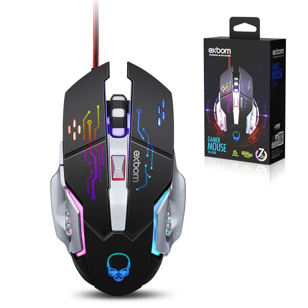 Mouse gamer 6 botões com LED RGB 4800 Dpi ajustável EXBOM MS-G280