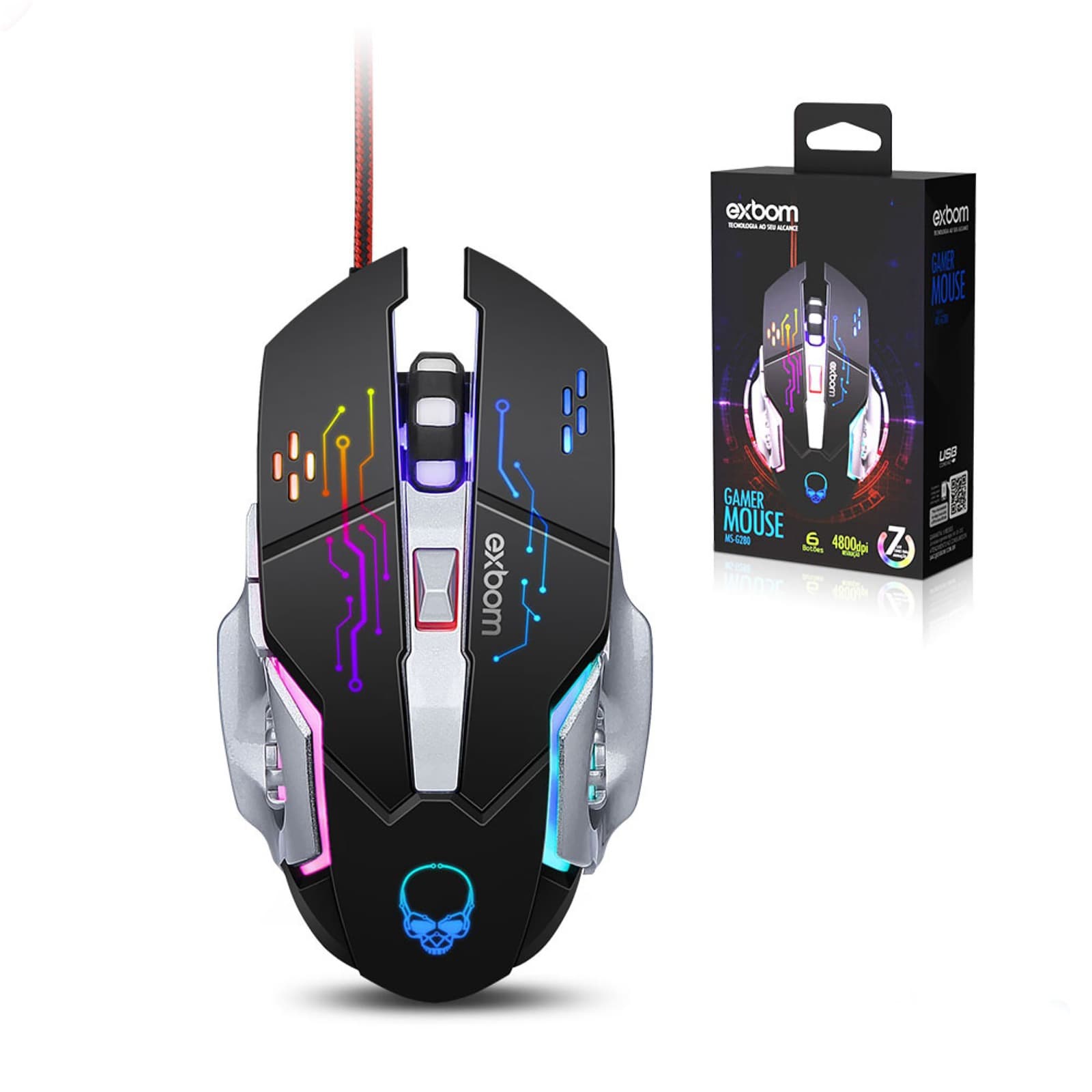 Mouse gamer 6 botões com LED RGB 4800 Dpi ajustável EXBOM MS-G280